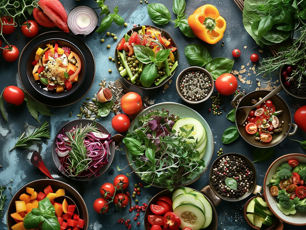 Різноманітні свіжі продукти для збалансованого харчування