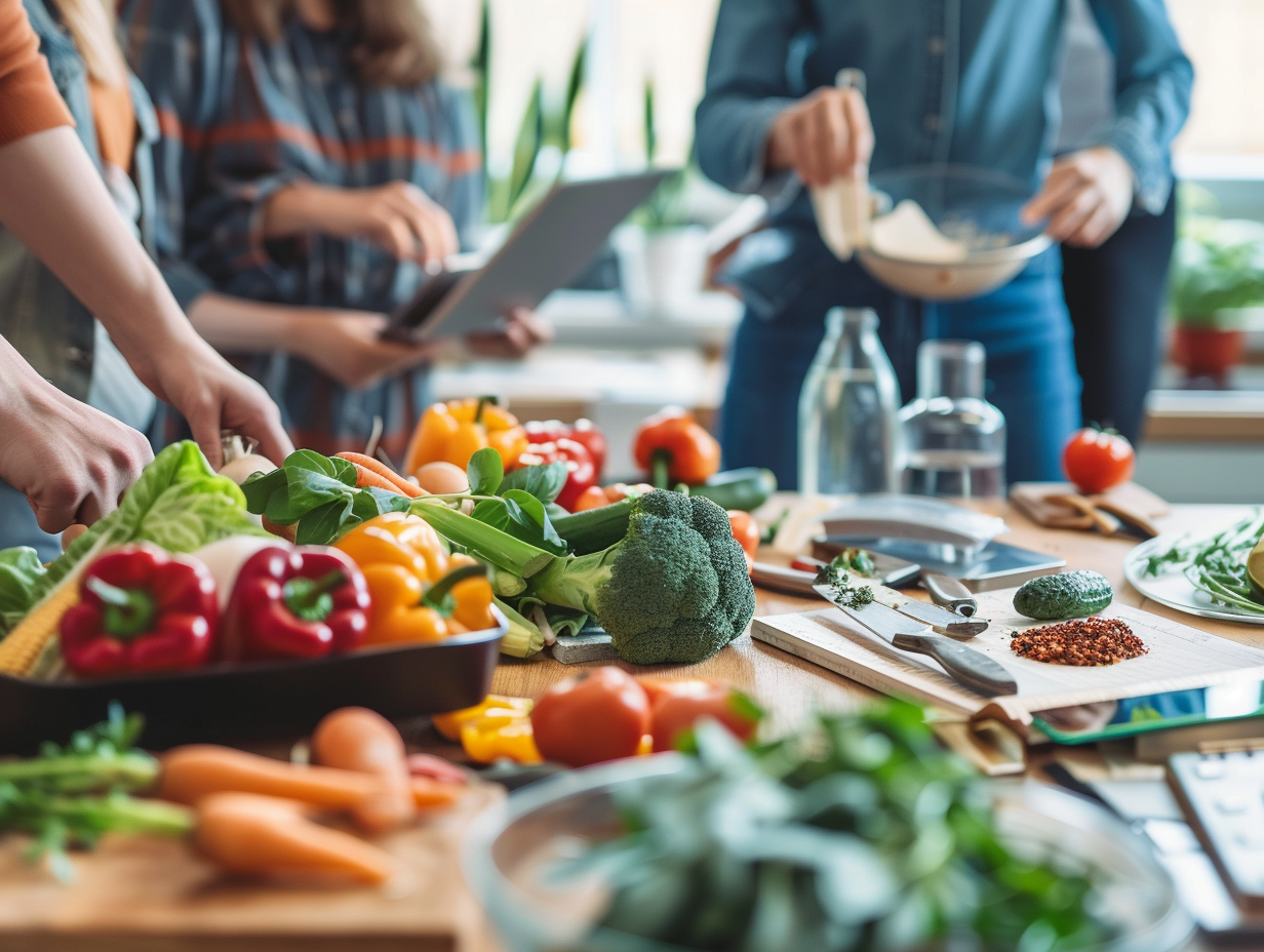 Люди різного віку готують здорову їжу разом за великим столом